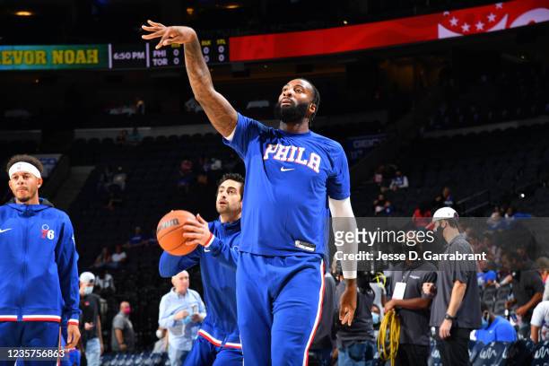 Andre Drummond of the Philadelphia 76ers warms up before a preseason game on October 7, 2021 at Wells Fargo Center in Philadelphia, Pennsylvania....