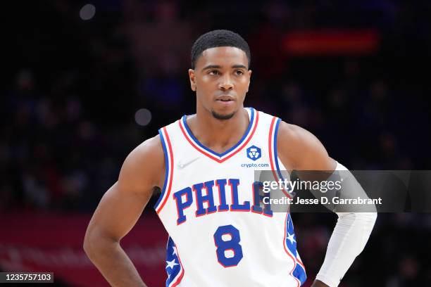 Shaquille Harrison of the Philadelphia 76ers looks on during a preseason game on October 7, 2021 at Wells Fargo Center in Philadelphia, Pennsylvania....