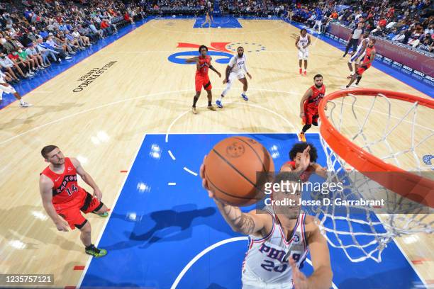 Georges Niang of the Philadelphia 76ers shoots the ball against the Toronto Raptors during a preseason game on October 7, 2021 at Wells Fargo Center...