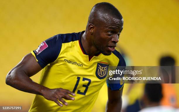 Ecuador's Enner Valencia celebrates after scoring against Bolivia during the South American qualification football match for the FIFA World Cup Qatar...