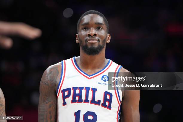 Shake Milton of the Philadelphia 76ers smiles during a preseason game on October 7, 2021 at Wells Fargo Center in Philadelphia, Pennsylvania. NOTE TO...