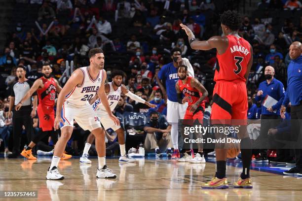 Georges Niang of the Philadelphia 76ers plays defense against the Toronto Raptors during a preseason game on October 7, 2021 at Wells Fargo Center in...