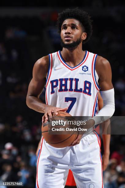 Isaiah Joe of the Philadelphia 76ers shoots a free throw during a preseason game on October 7, 2021 at Wells Fargo Center in Philadelphia,...