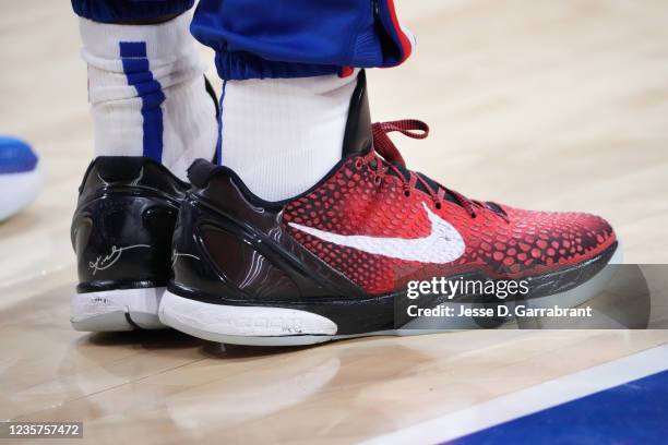 The sneakers worn by Shake Milton of the Philadelphia 76ers during a preseason game on October 7, 2021 at Wells Fargo Center in Philadelphia,...
