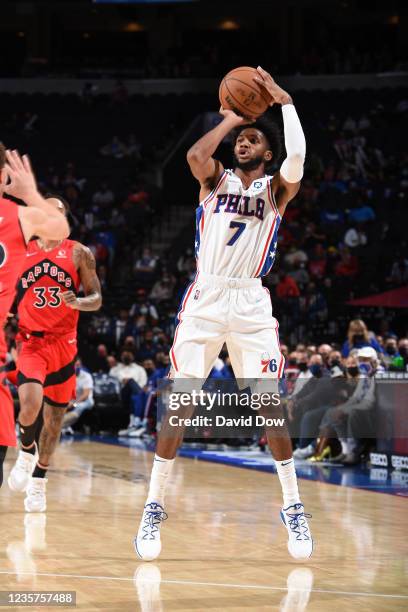 Isaiah Joe of the Philadelphia 76ers shoots a three-pointer against the Toronto Raptors during a preseason game on October 7, 2021 at Wells Fargo...