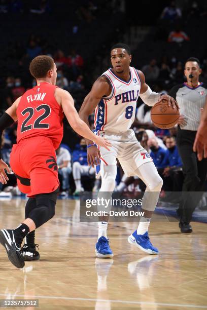 Shaquille Harrison of the Philadelphia 76ers handles the ball against the Toronto Raptors during a preseason game on October 7, 2021 at Wells Fargo...