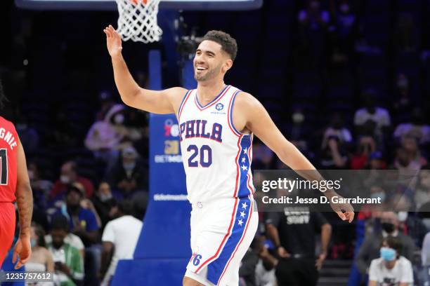 Georges Niang of the Philadelphia 76ers reacts during a preseason game on October 7, 2021 at Wells Fargo Center in Philadelphia, Pennsylvania. NOTE...