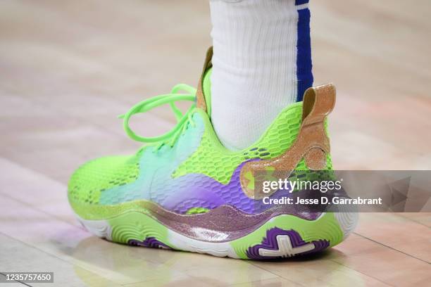 The sneakers worn by Seth Curry of the Philadelphia 76ers during a preseason game on October 7, 2021 at Wells Fargo Center in Philadelphia,...