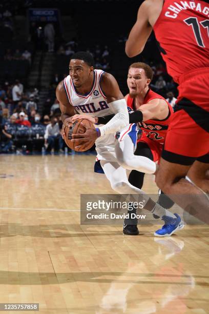 Shaquille Harrison of the Philadelphia 76ers handles the ball against the Toronto Raptors during a preseason game on October 7, 2021 at Wells Fargo...