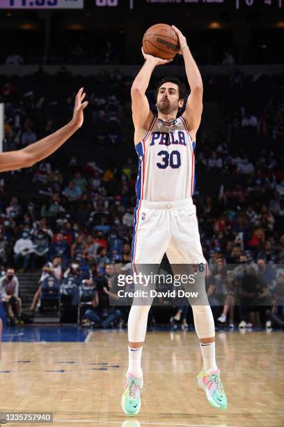 Furkan Korkmaz of the Philadelphia 76ers shoots a three-pointer against the Toronto Raptors during a preseason game on October 7, 2021 at Wells Fargo...