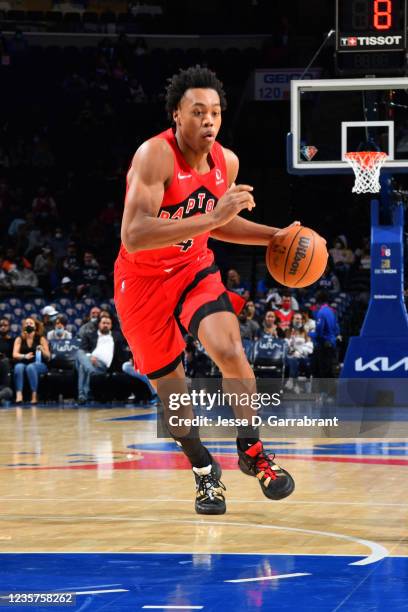 Scottie Barnes of the Toronto Raptors handles the ball against the Philadelphia 76ers during a preseason game on October 7, 2021 at Wells Fargo...