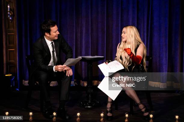 Episode 1531 -- Pictured: Host Jimmy Fallon and singer Madonna during "Kid Theater" on Thursday, October 7, 2021 --