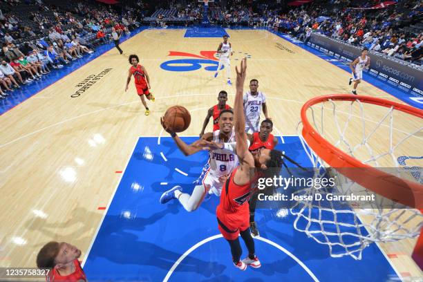 Shaquille Harrison of the Philadelphia 76ers shoots the ball against the Toronto Raptors during a preseason game on October 7, 2021 at Wells Fargo...