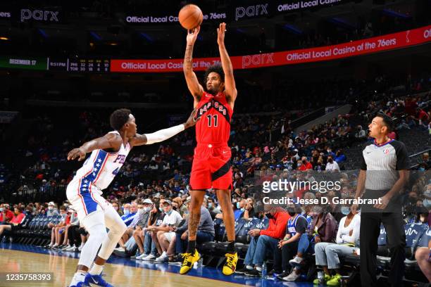 Justin Champagnie of the Toronto Raptors shoots the ball against the Philadelphia 76ers during a preseason game on October 7, 2021 at Wells Fargo...
