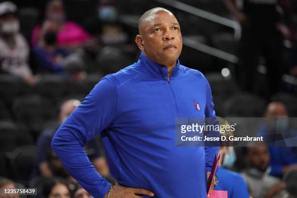 Head Coach Doc Rivers of the Philadelphia 76ers looks on during a preseason game on October 7, 2021 at Wells Fargo Center in Philadelphia,...