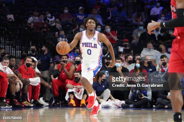 Tyrese Maxey of the Philadelphia 76ers handles the ball against the Toronto Raptors during a preseason game on October 7, 2021 at Wells Fargo Center...