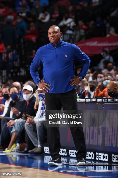 Head Coach Doc Rivers of the Philadelphia 76ers smiles during a preseason game on October 7, 2021 at Wells Fargo Center in Philadelphia,...