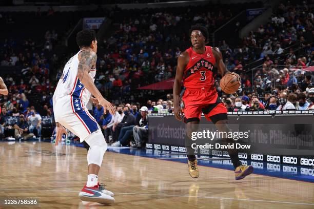 Anunoby of the Toronto Raptors handles the ball against the Philadelphia 76ers during a preseason game on October 7, 2021 at Wells Fargo Center in...