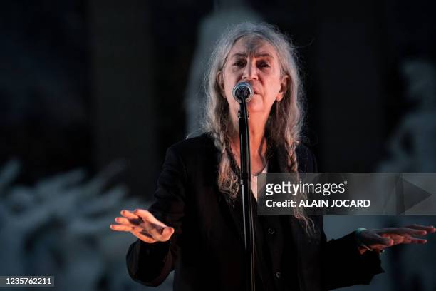 Rock singer, songwriter, musician and poet Patti Smith performs during the recording of a concert as part of the celebration of the 50th anniversary...