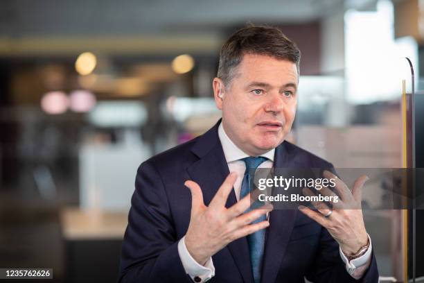 Paschal Donohoe, Ireland's finance minister, during a Bloomberg Television interview in Dublin, Ireland, on Friday, Oct. 8, 2021. Global talks to...