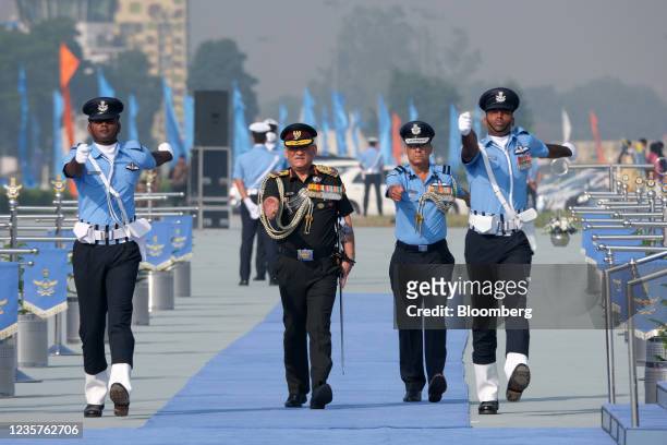 General Bipin Rawat, India's chief of defence staff, second left, during the Air Force Day Parade at Hindon Air Force Station in Ghaziabad, Uttar...