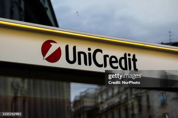 UniCredit logo is seen on the building in Milan, Italy on October 6, 2021.