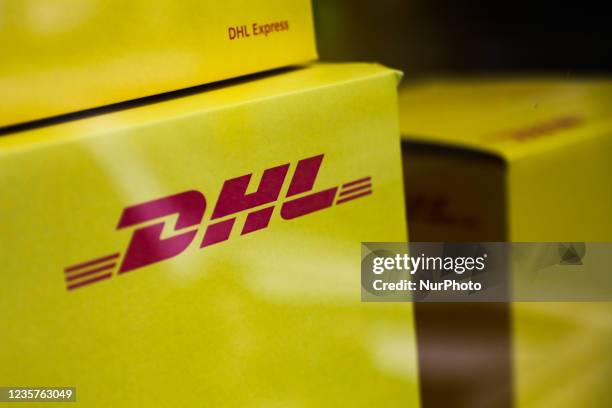 Logo is seen on a shipping box in the service point in Milan, Italy on October 6, 2021.