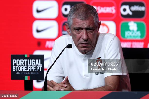 Portugal's head coach Fernando Santos attends a press conference at Cidade do Futebol training camp in Oeiras, Portugal, on October 8 on the eve of...