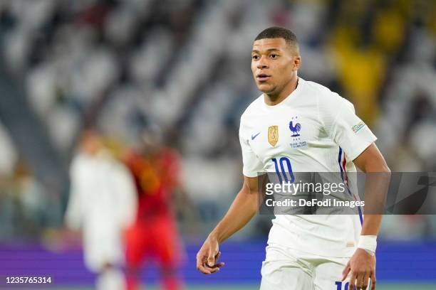 Kylian Mbappe of France looks on during the UEFA Nations League Semi-Final match between the Belgium and France at Juventus Stadium on October 7,...