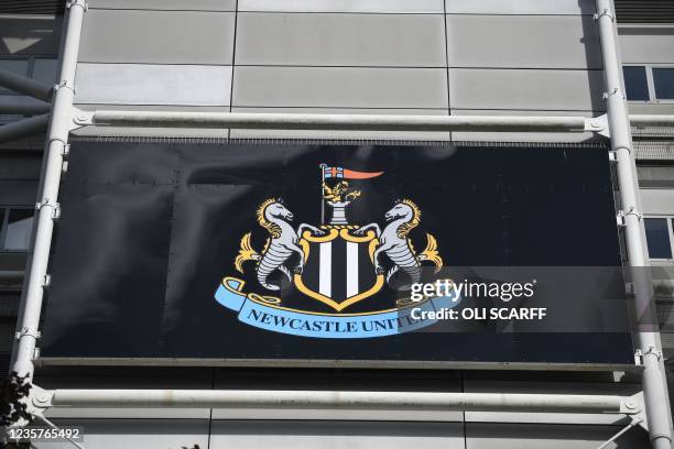 Picture shows the Newcastle United football club's logo outside the club's stadium St James' Park in Newcastle upon Tyne in northeast England on...