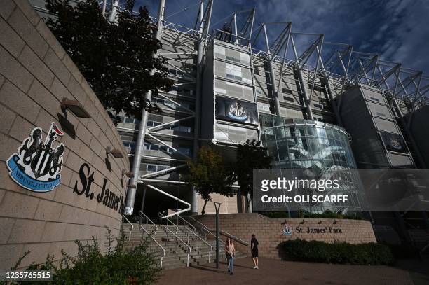 Picture shows the exterior of Newcastle United football club's stadium St James' Park in Newcastle upon Tyne in northeast England on October 8, 2021....