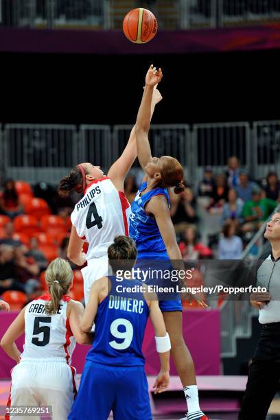 Tip off during the start of the Group B match between France and Canada in the women's basketball tournament on day 5 of the 2012 Summer Olympics at...