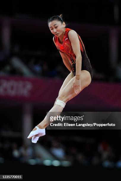 He Wenna representing China while competing in the womens trampoline during day 8 of the 2012 Summer Olympics at the North Greenwich Arena on August...