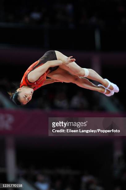 He Wenna representing China while competing in the womens trampoline during day 8 of the 2012 Summer Olympics at the North Greenwich Arena on August...