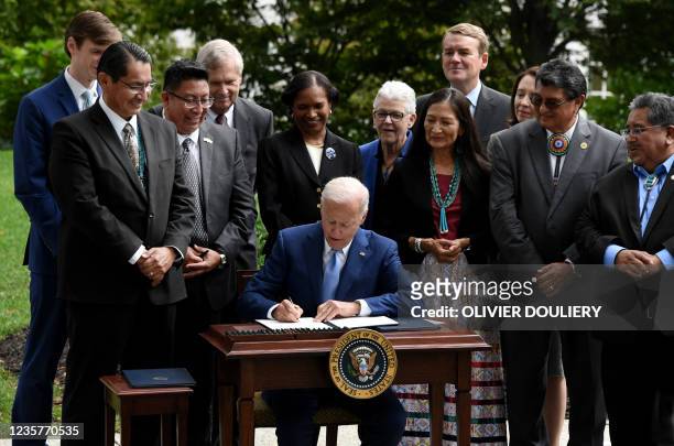 President Joe Biden, with Interior Secretary Deb Haaland signs three proclamations restoring protections for Bears Ears, Grand Staircase-Escalante,...