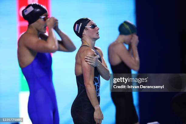 Kira Toussaint of the Netherlands prepares for the start in the women's backstroke 100m final on day two at the FINA Swimming World Cup in the Duna...