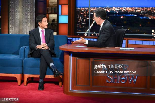 The Late Show with Stephen Colbert and guest Dr Sanjay Gupta during Thursday's October 7, 2021 show.
