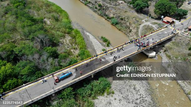 Aerial view of the Francisco de Paula Santander International Bridge linking Cucuta, Colombia, and Urena, Tachira state, Venezuela, on October 8...