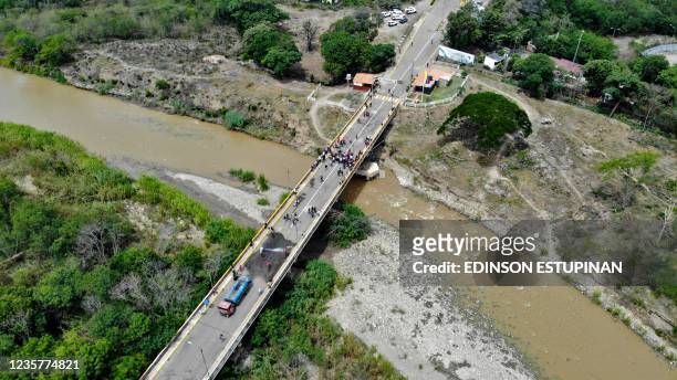 Aerial view of the Francisco de Paula Santander International Bridge linking Cucuta, Colombia, and Urena, Tachira state, Venezuela, on October 8...