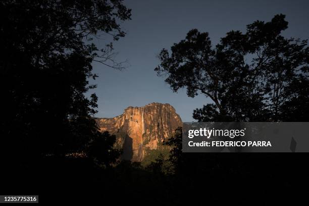 General view taken on October 6, 2021 of the Angel Falls , the world's highest waterfall, with a height of 979 meters , located in Canaima National...