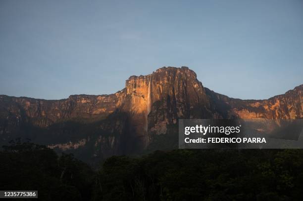 General view taken on October 6, 2021 of the Angel Falls , the world's highest waterfall, with a height of 979 meters , located in Canaima National...