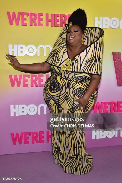 Drag queen Silky Nutmeg Ganache arrives for the Los Angeles Premiere of Season 2 of HBOs unscripted series "We're Here" at Sony Pictures Studios in...