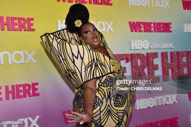 Drag queen Silky Nutmeg Ganache arrives for the Los Angeles Premiere of Season 2 of HBOs unscripted series "We're Here" at Sony Pictures Studios in...