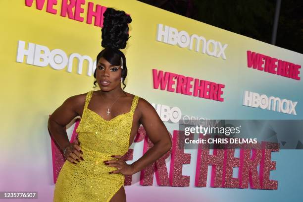 Drag queen Monet X Change arrives for the Los Angeles Premiere of Season 2 of HBOs unscripted series "We're Here" at Sony Pictures Studios in Culver...