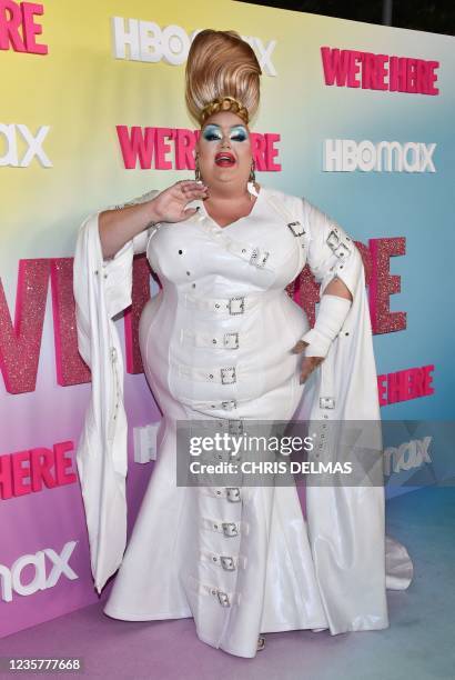 Drag queen/producer Eureka arrives for the Los Angeles Premiere of Season 2 of HBOs unscripted series "We're Here" at Sony Pictures Studios in Culver...