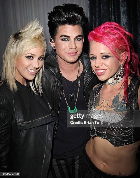 Jean, Adam Lambert, and designer Roxy Contin pose at Made in LA presents "Bebe: The After Party" for Los Angeles fashion week spring 2011 at...