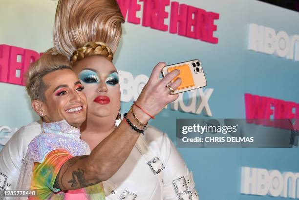 YouTube personality Frankie Grande takes a selfie with drag queen/producer Eureka as they arrive for the Los Angeles Premiere of Season 2 of HBOs...