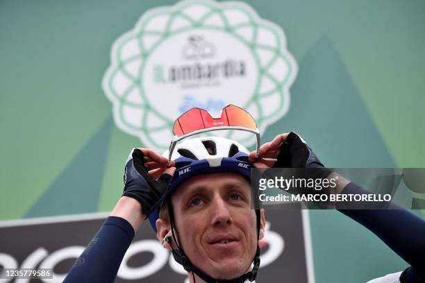 Team Israel Start-Up Nation's Daniel Martin of Ireland looks on before the 115th edition of the Giro di Lombardia , a 239 km cycling race from Como...