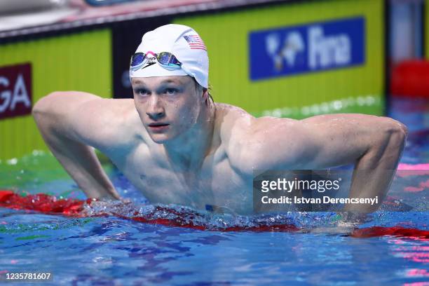 Daniel Diehl of United States reacts after the race in the mens backstroke 100m heats on day three at the FINA Swimming World Cup in the Duna Arena...