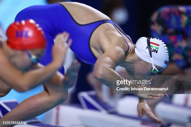 Dalma Sebestyen competes in the women's medley 200m heats on day three at the FINA Swimming World Cup in the Duna Arena on October 09, 2021 in...